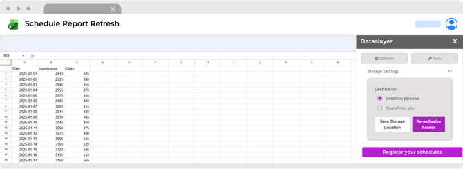 Dataslayer Excel add-in with OneDrive and SharePoint storage choices and schedule registration