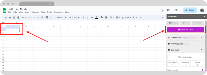 Dataslayer Google Sheets sidebar with Generate Table and a selected output cell