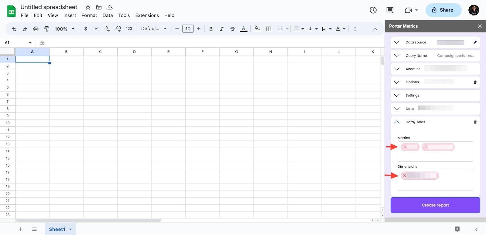 Porter Metrics Google Sheets add-on with metrics and dimensions selection