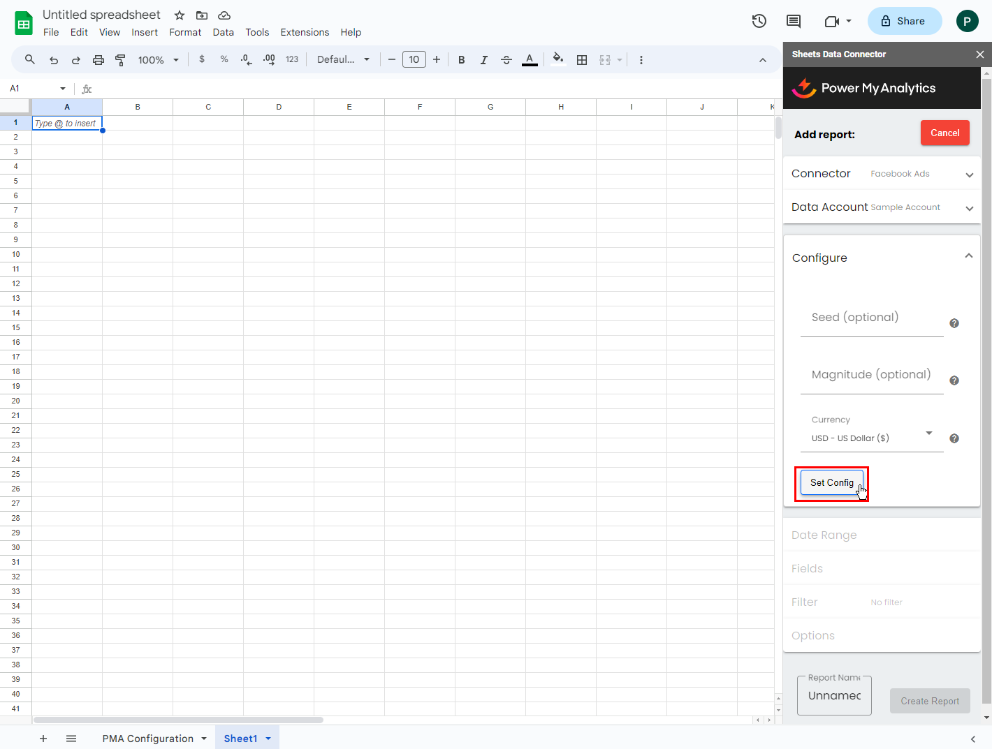Power My Analytics Google Sheets add-on configuring a Facebook Ads sample account