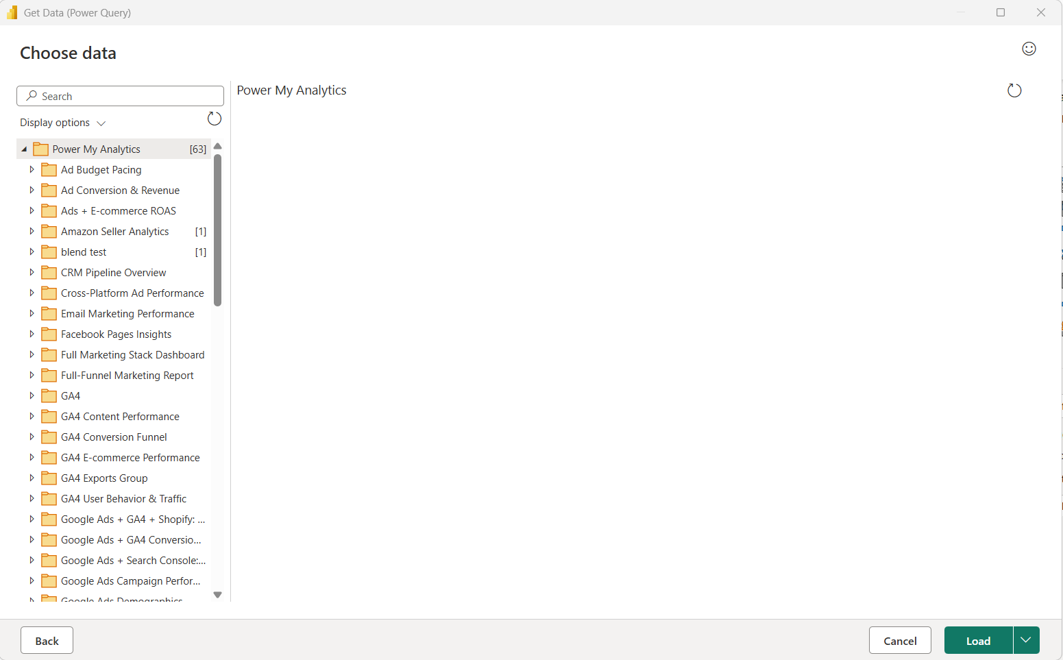 Power BI Choose data window listing Power My Analytics Data Builder datasets