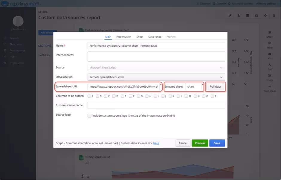 Reporting Ninja report widget reading a remote Excel file URL as a custom data source