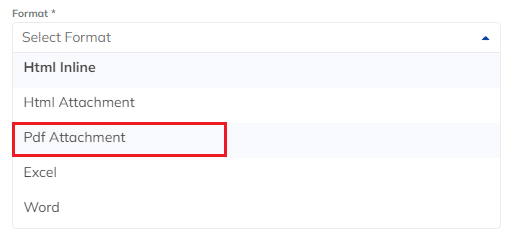 TapClicks Report Scheduler format menu offering Excel alongside HTML, PDF and Word attachments