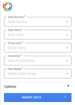 TapClicks Google Sheets sidebar with data source, view, grouping, columns and date selection
