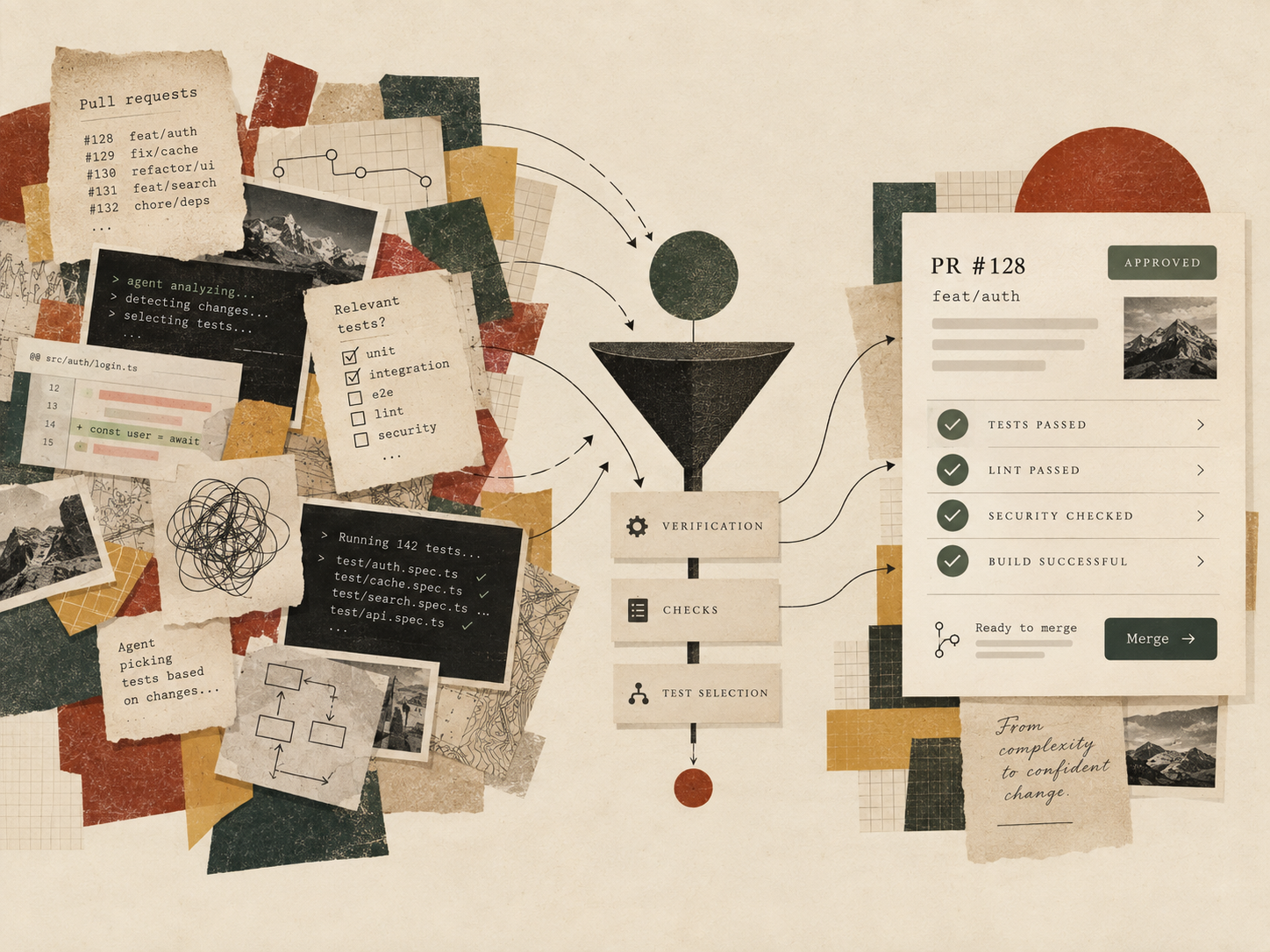 Editorial collage showing pull requests flowing through verification and test selection to an approved pull request.