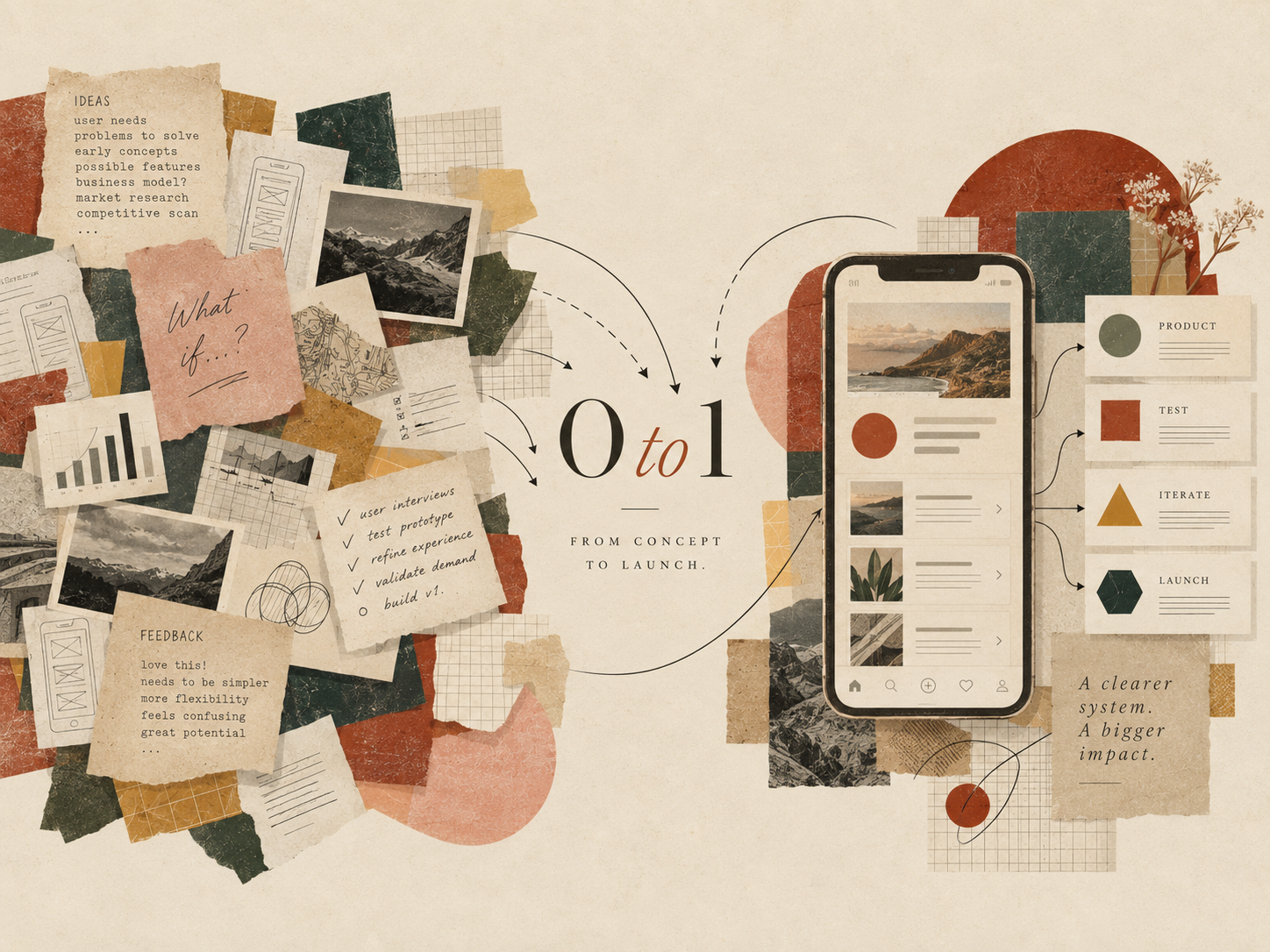 Editorial collage showing a product moving from early ideas and research through testing, iteration, and launch.