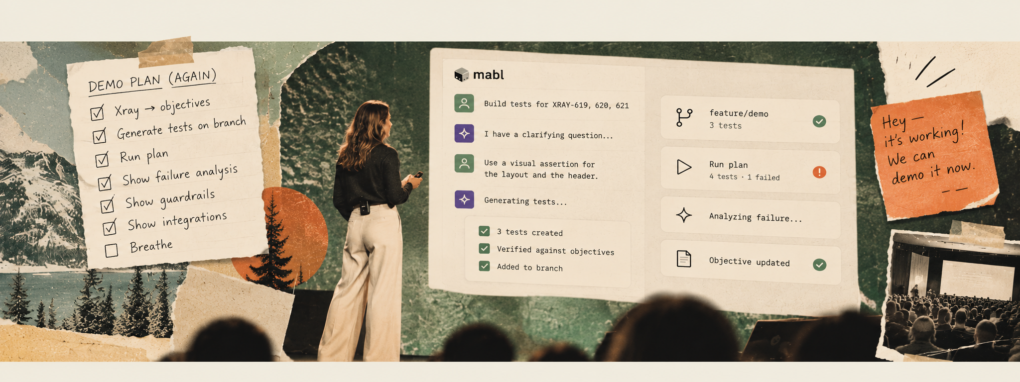 Vintage editorial collage of a live AI agent demo, a changing demo plan, and a presenter onstage.