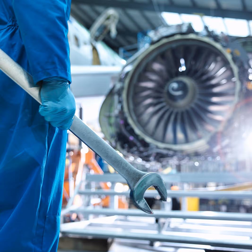 an engineer holding a wrench stands in front of commercial aircraft