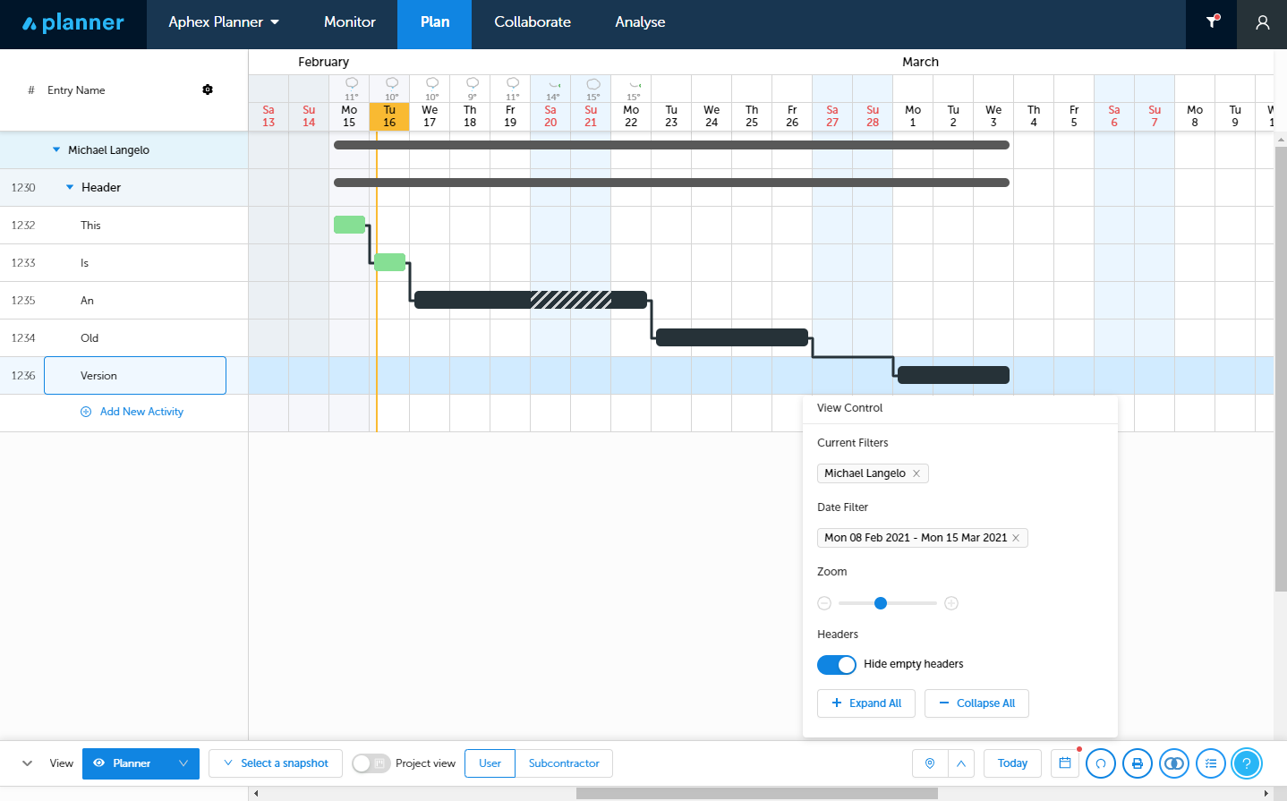 Gantt Chart showing construction lookahead plans