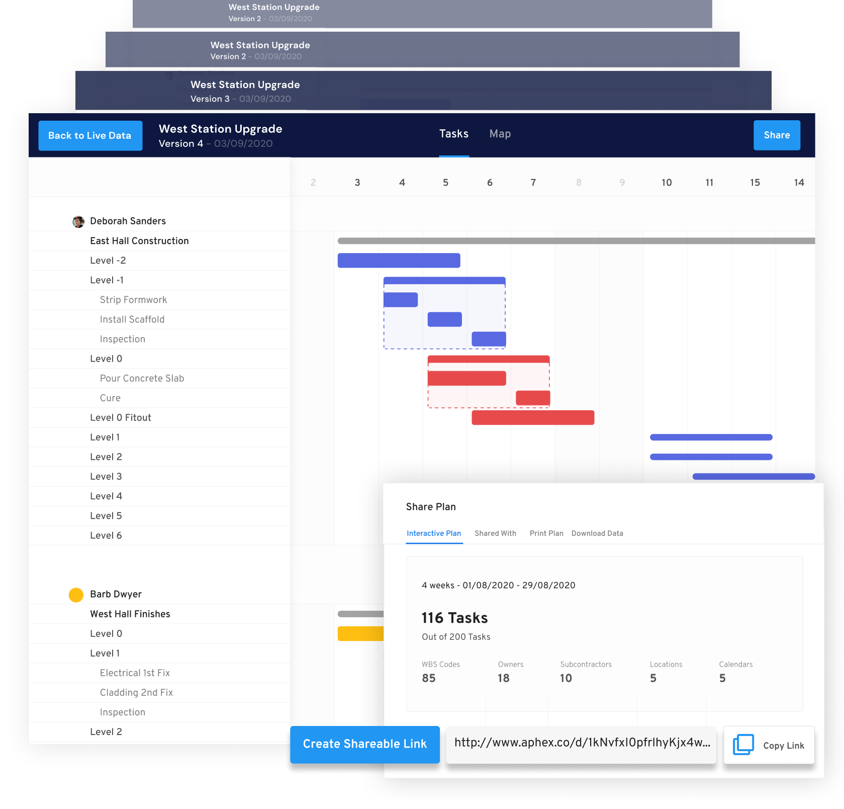 Screenshot of Aphex Gantt Charts; highlighting the number of tasks planned for a construction project