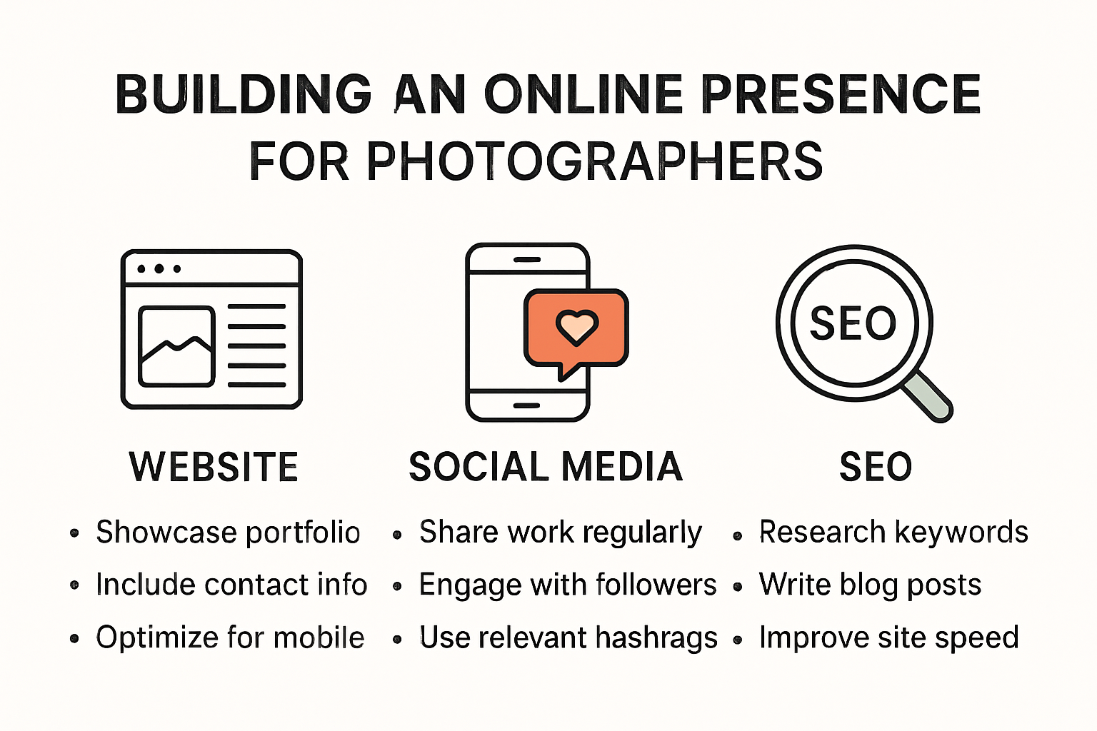 Infographic showing online presence strategies for photographers