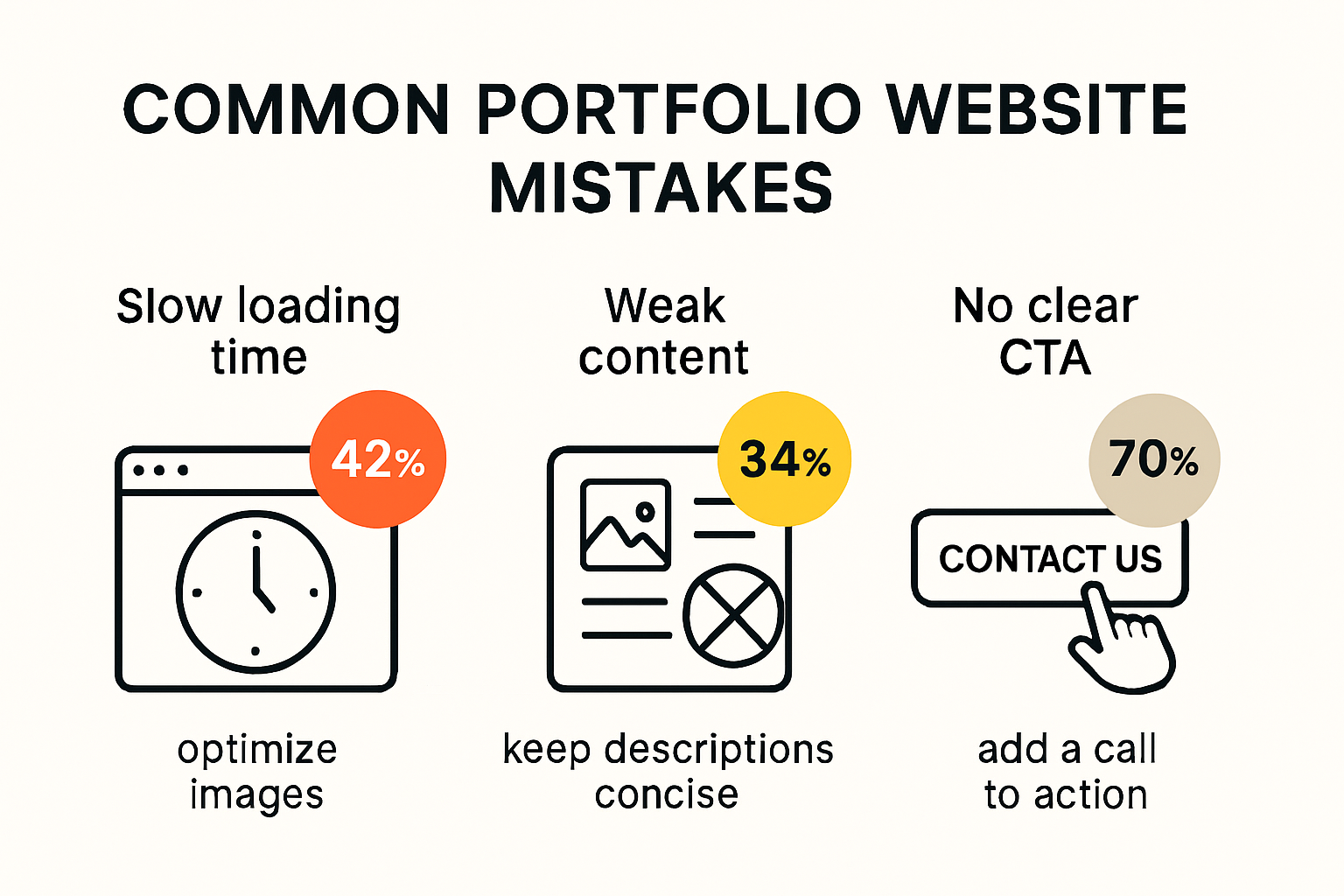 Common portfolio website mistakes infographic illustrating pitfalls for creatives