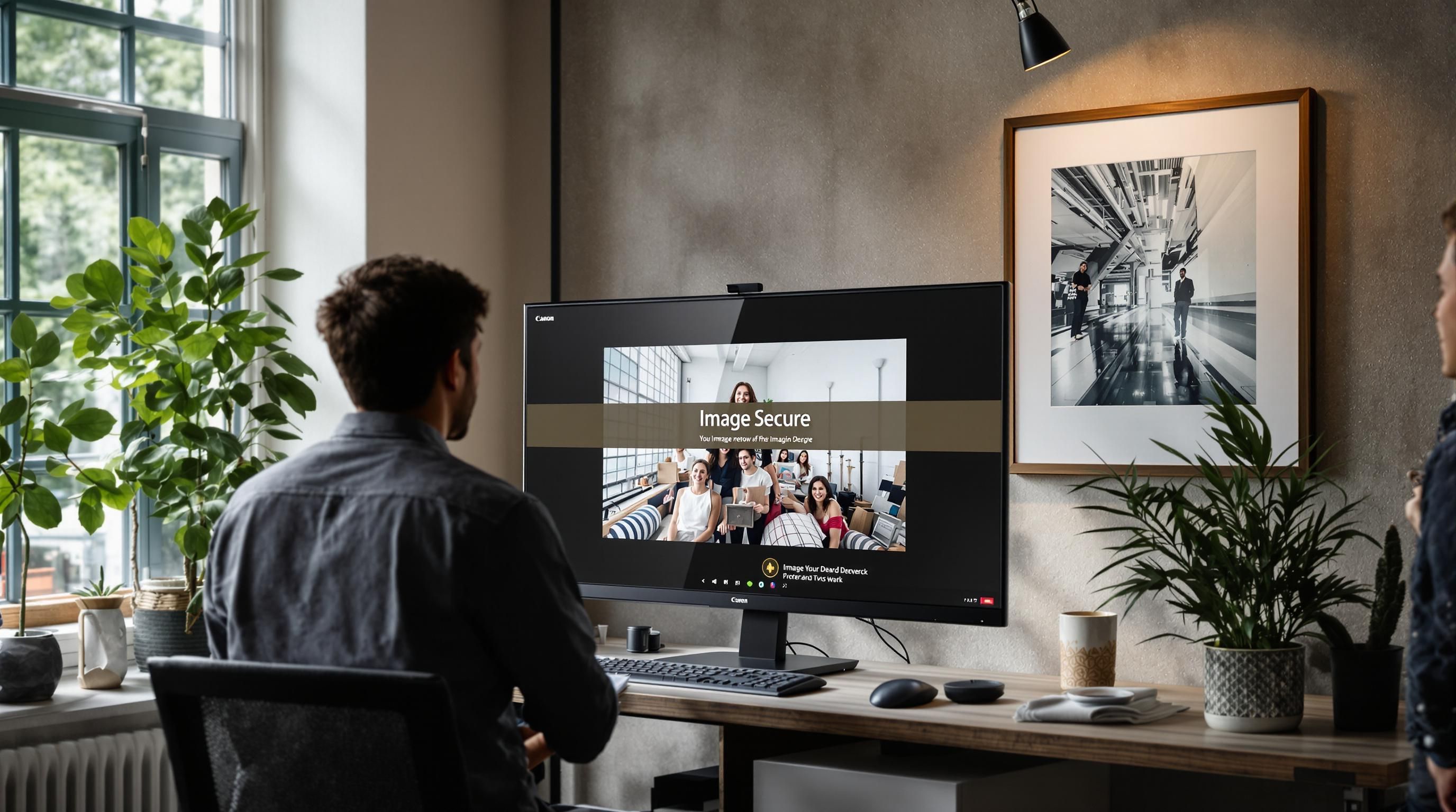 Designers adding visible watermark to digital image on screen