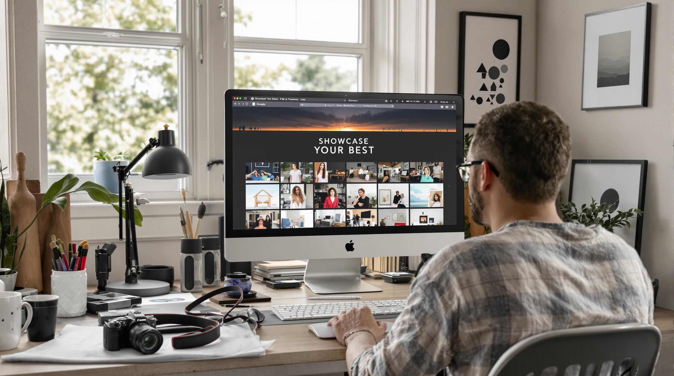 Artist in studio curating work on a digital portfolio screen