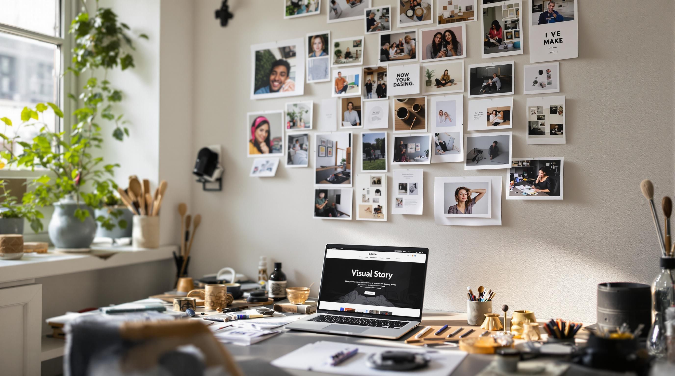 Artist arranges art collage and portfolio website with 'Visual Story' banner.