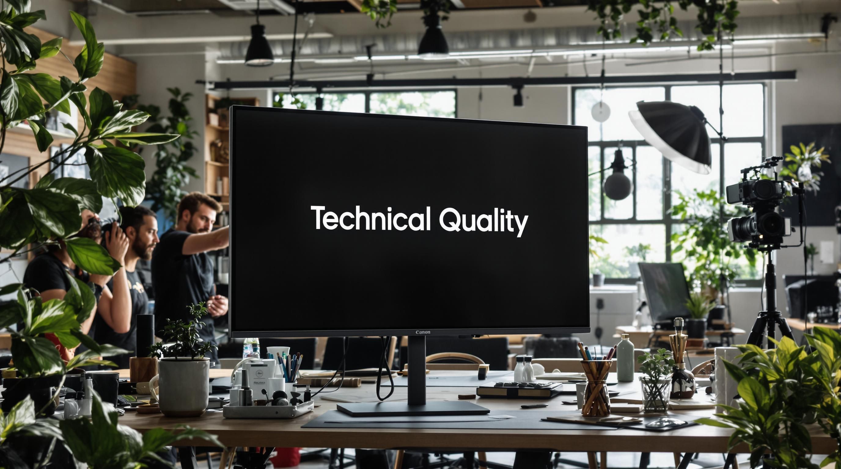 Team checks lighting and audio during portfolio studio shoot with 'Technical Quality' on monitor