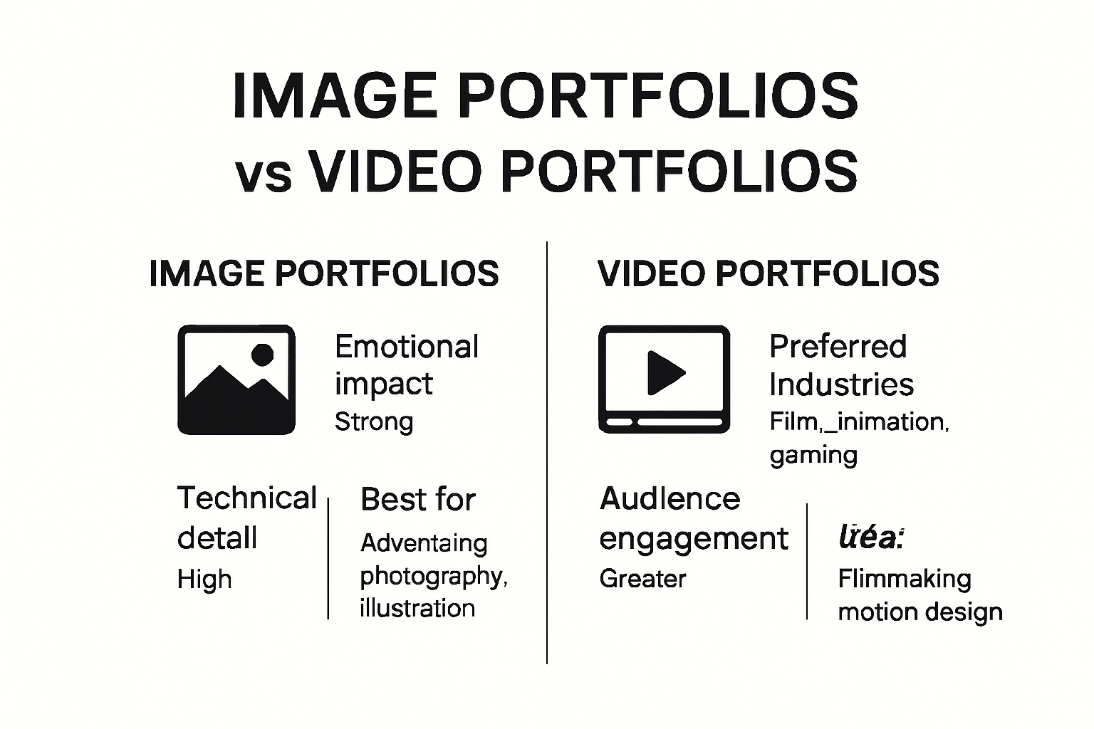 Comparison infographic: image portfolios versus video portfolios strengths
