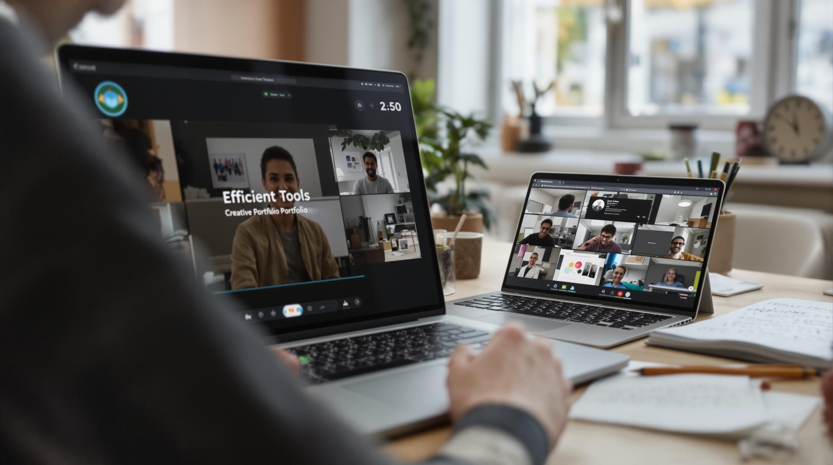 Creative expert leads portfolio review during a video call at home office