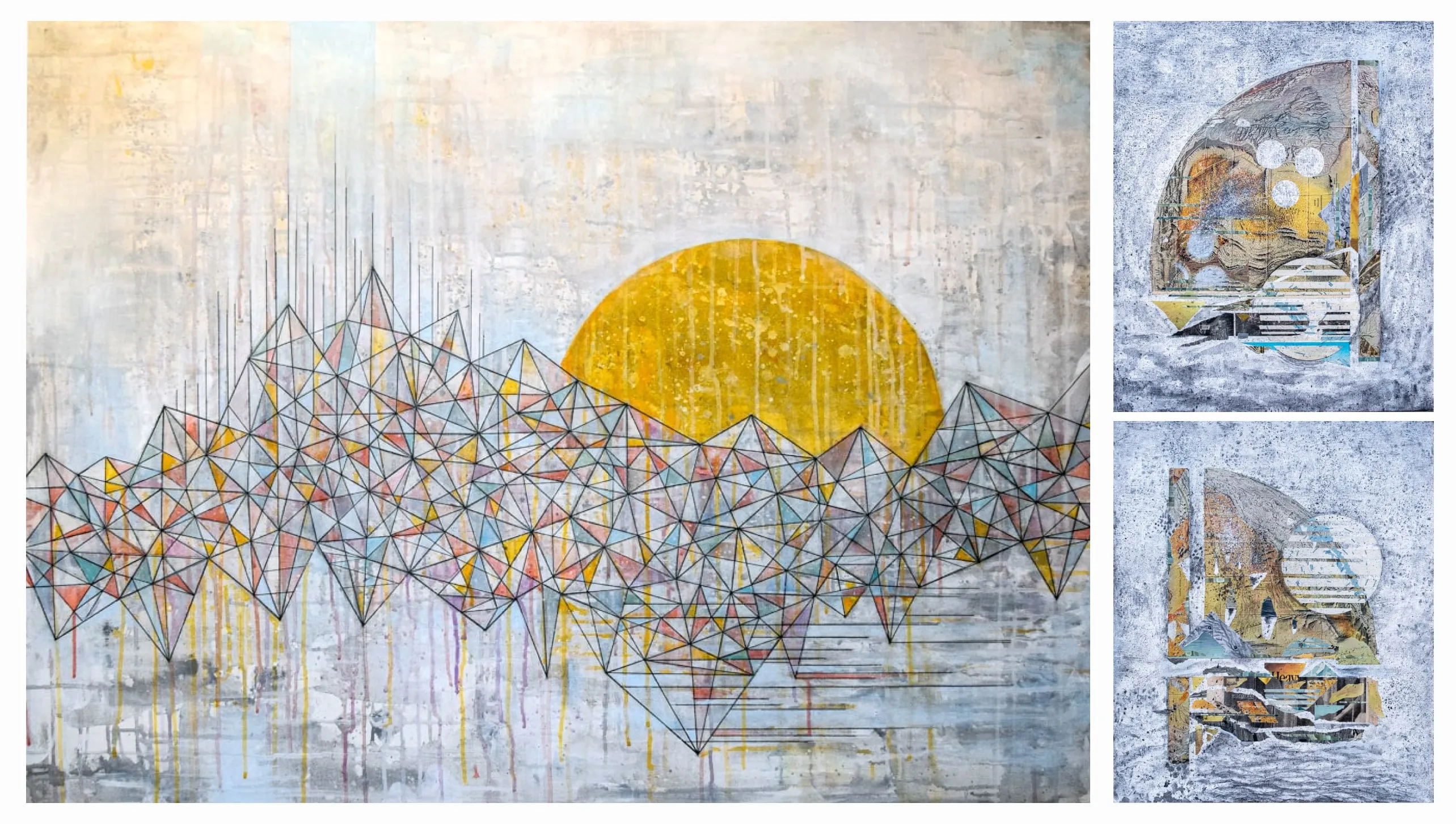 a triptych of 3 colorful paintings by Jake Steven Miller