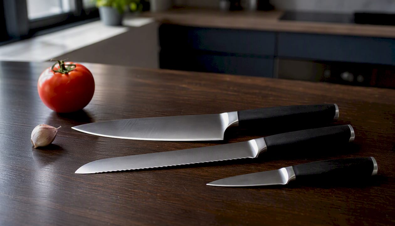Three essential kitchen knives on wooden surface