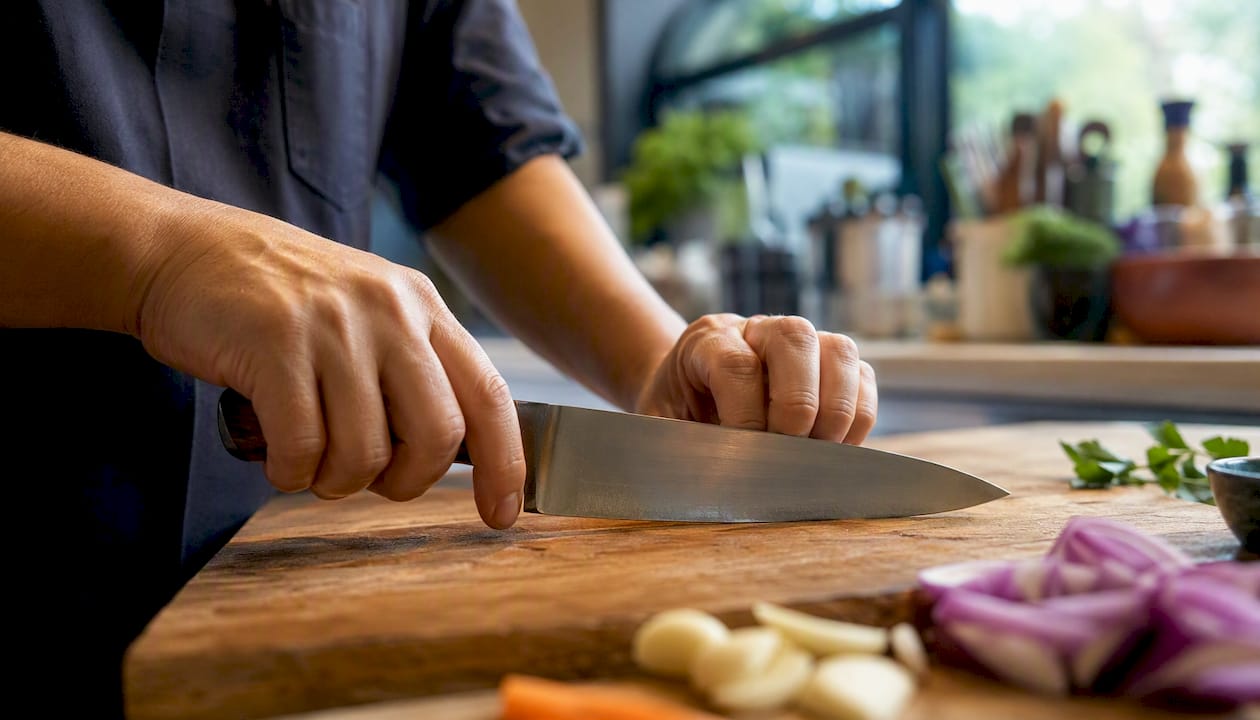Chef's hands demonstrating pinch grip and claw hand