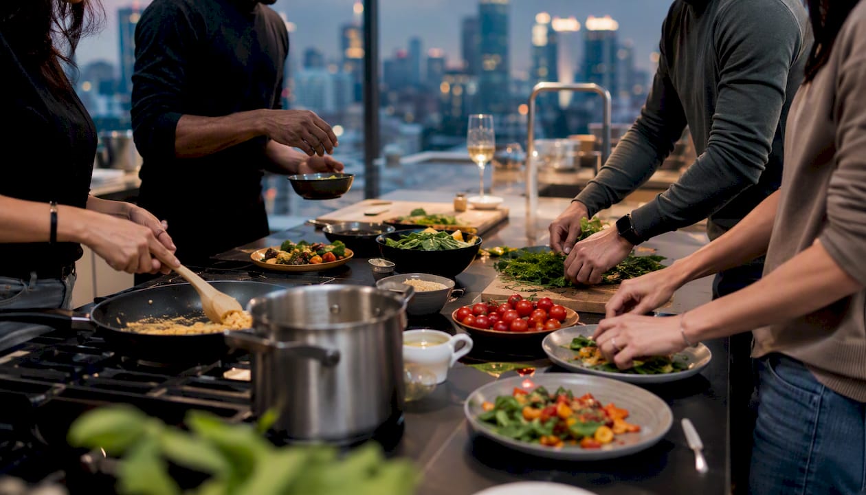 Corporate team collaboratively cooking in kitchen