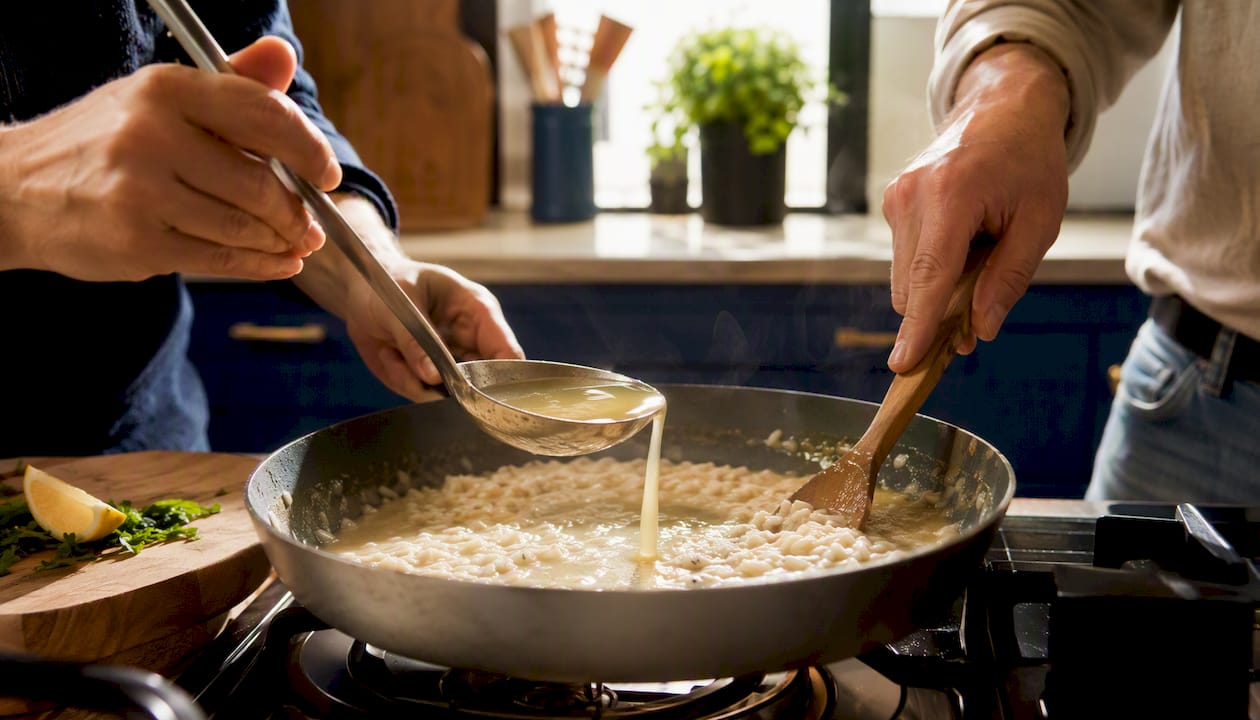 Hands ladling stock and stirring risotto