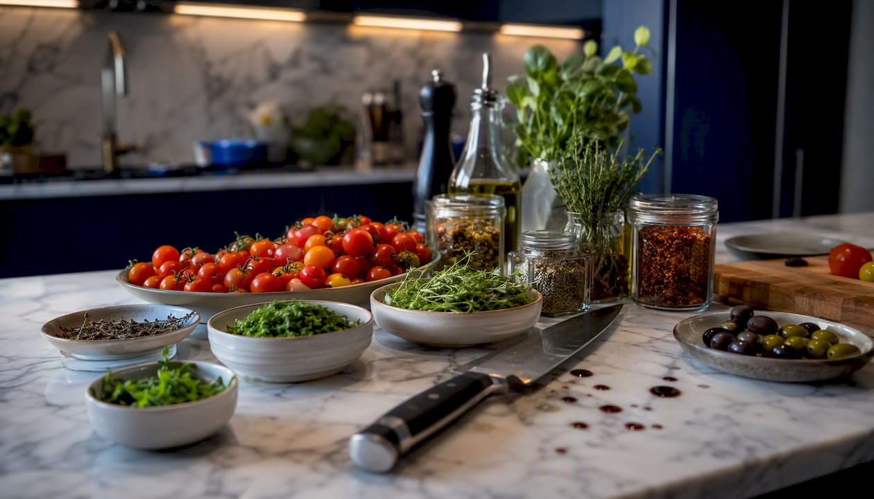 Ingredients and cooking tools for private dinner