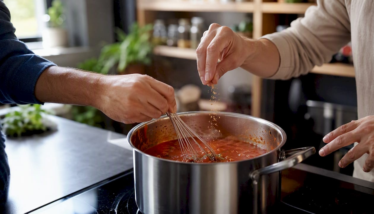 Hands stirring sauce together on stove