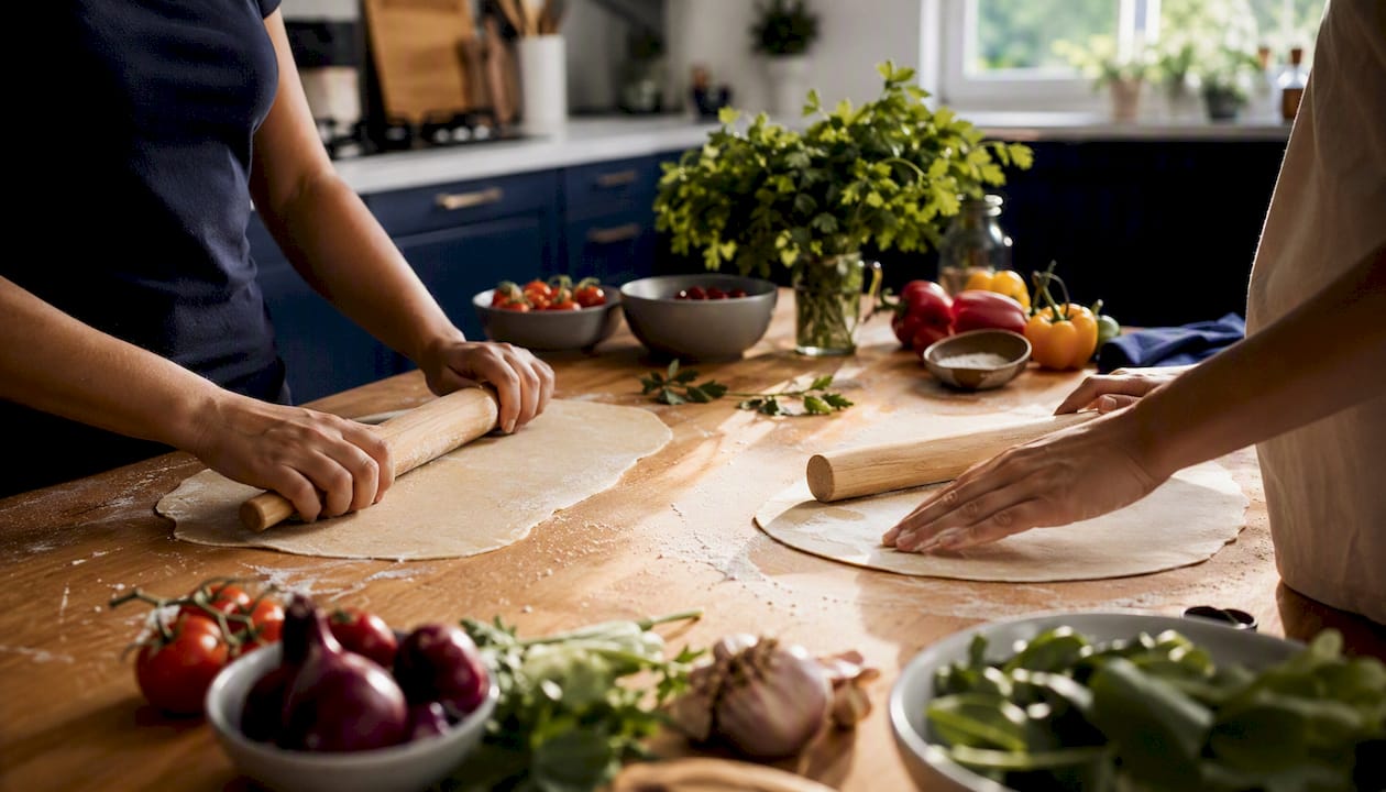 Hands kneading dough in modern kitchen