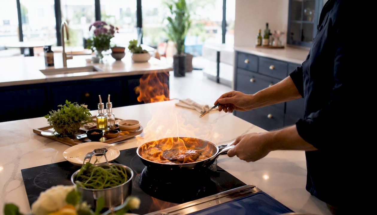 Chef flambéing dish in open kitchen