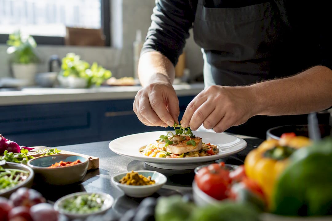 Hands garnishing plated gourmet dish