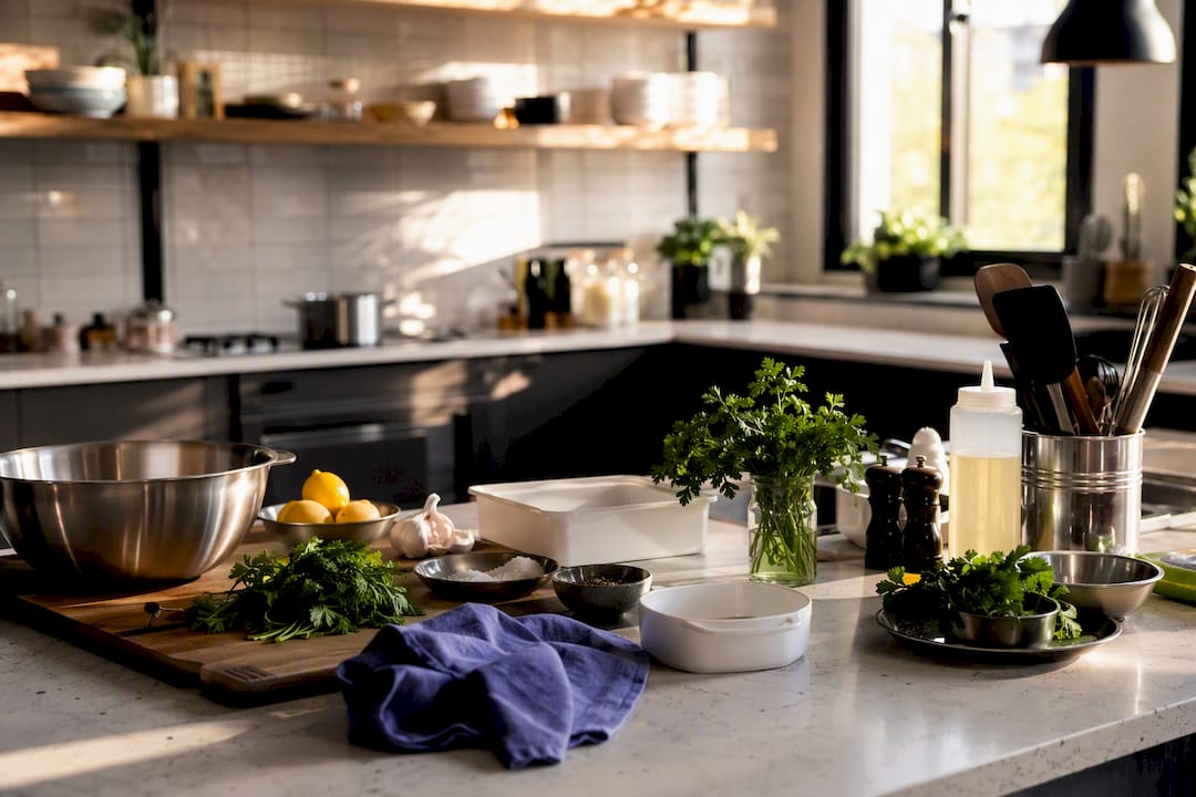 Cooking studio kitchen lit by afternoon sun