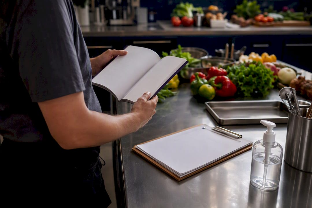 Certified food safety manual on kitchen counter
