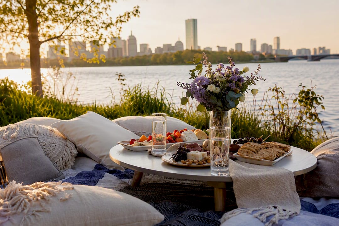 Luxury picnic setup on Charles River Esplanade