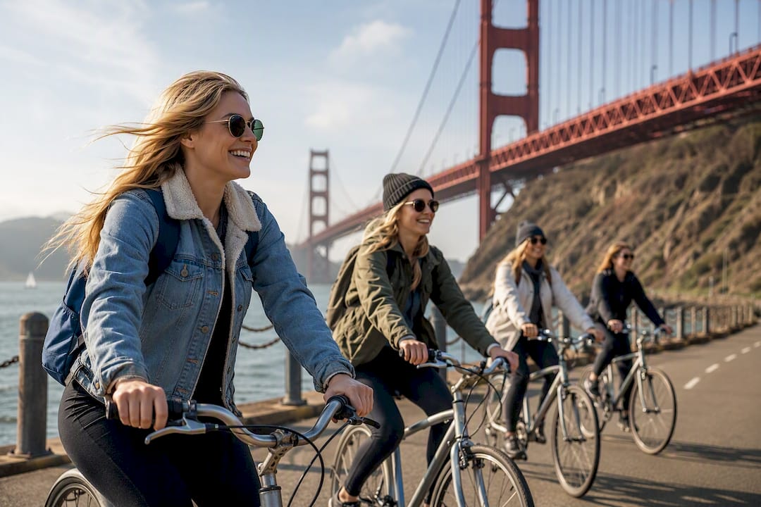 Group biking near Golden Gate Bridge