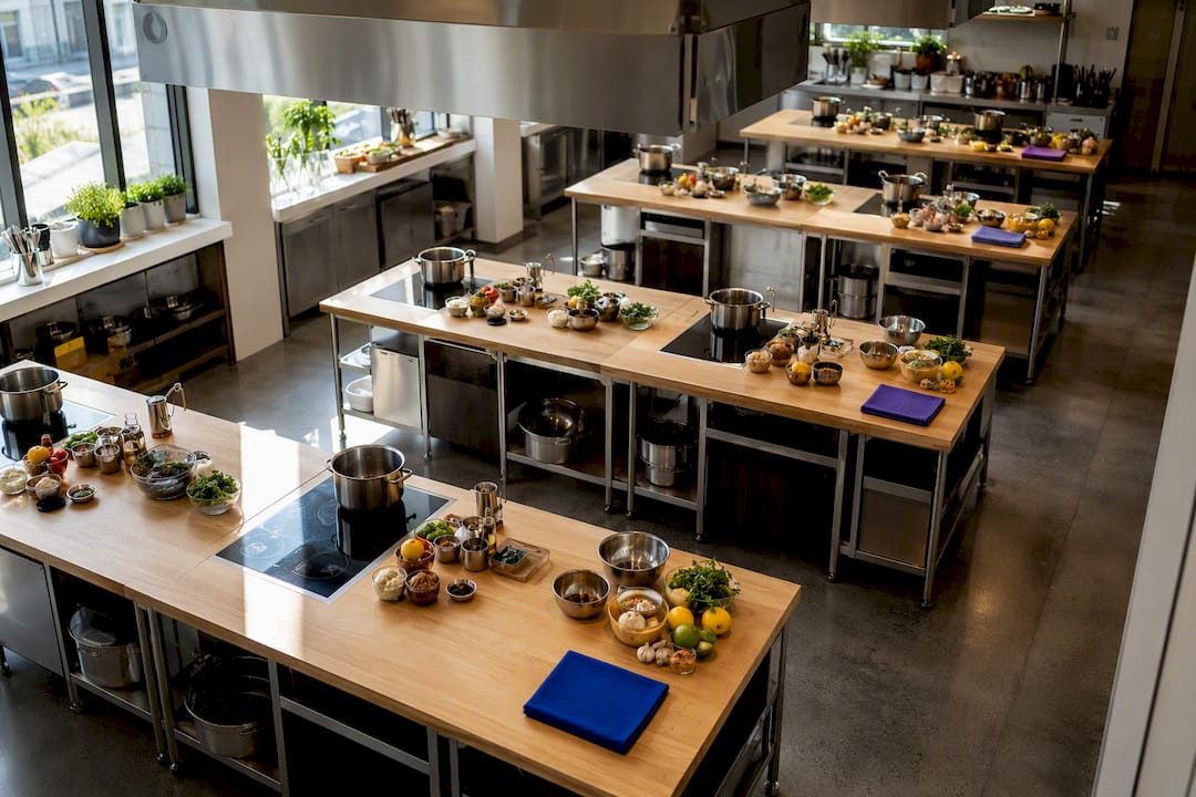 Organized induction cooking stations in event kitchen