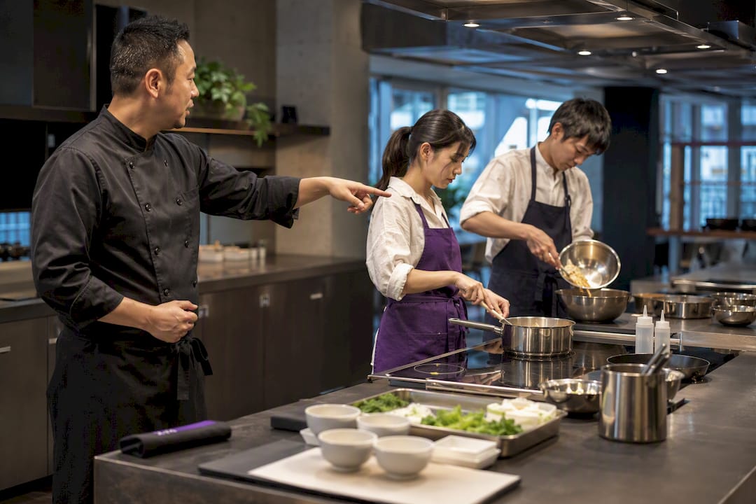 Chef guiding teams during cooking competition