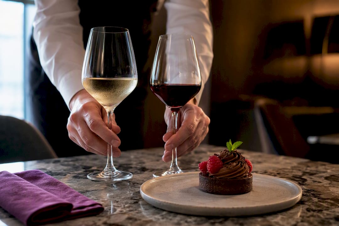 Red and white wines beside dessert
