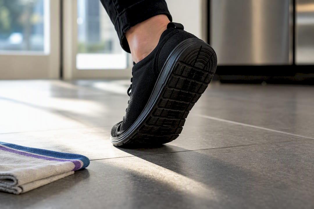Rubber-soled shoe tested on kitchen tile