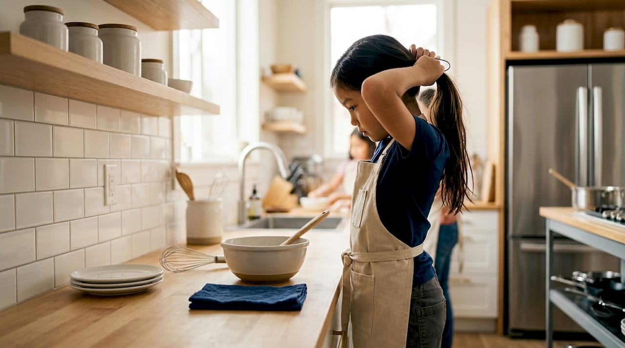 Child securing hair before cooking class