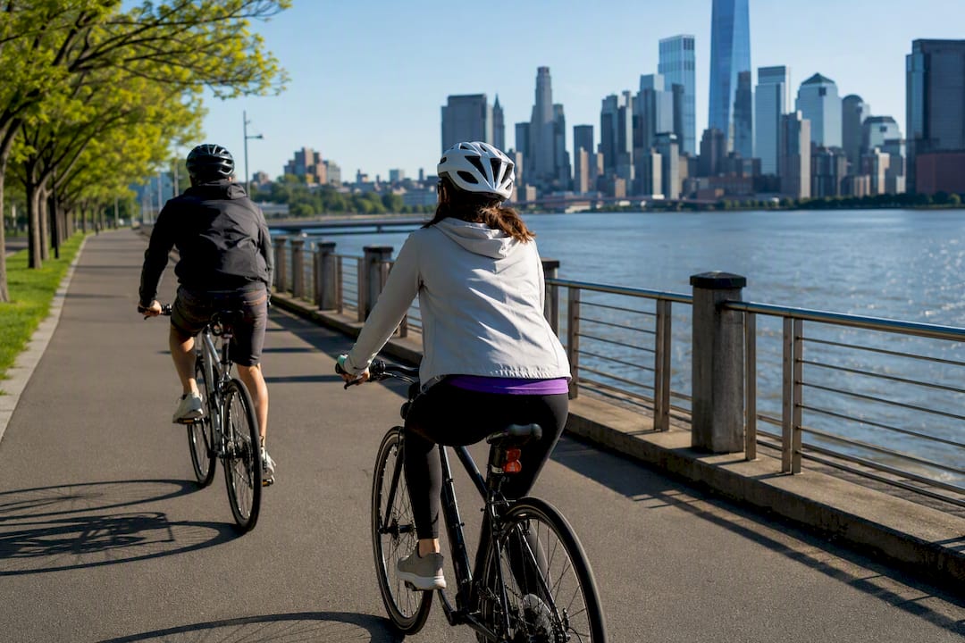 Couple biking along Hudson River Greenway