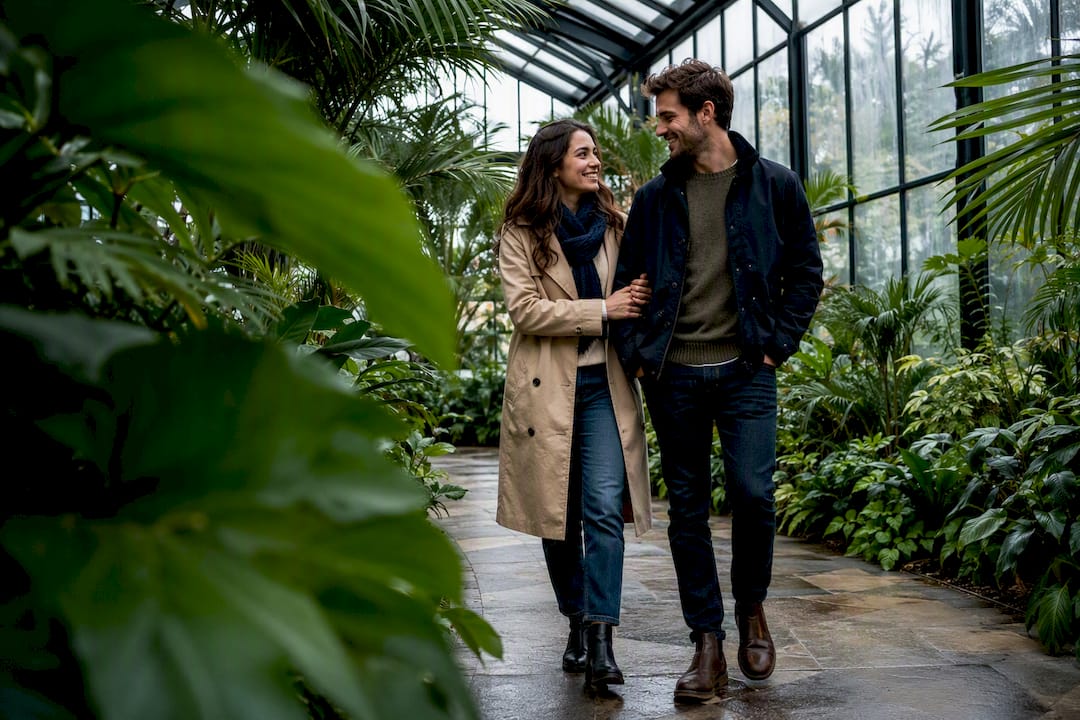 Couple walking through heated tropical pavilion
