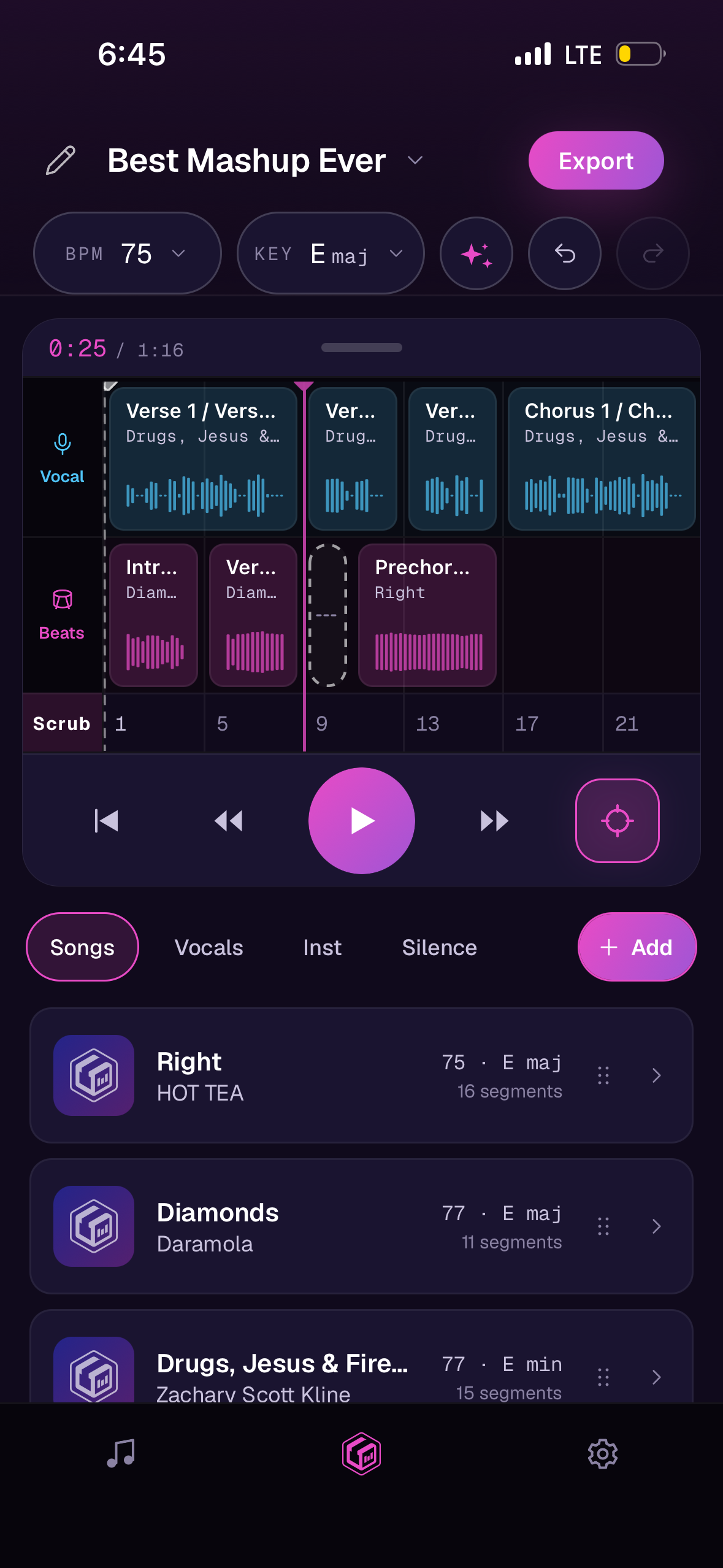 Tuttii project editor with multiple songs added