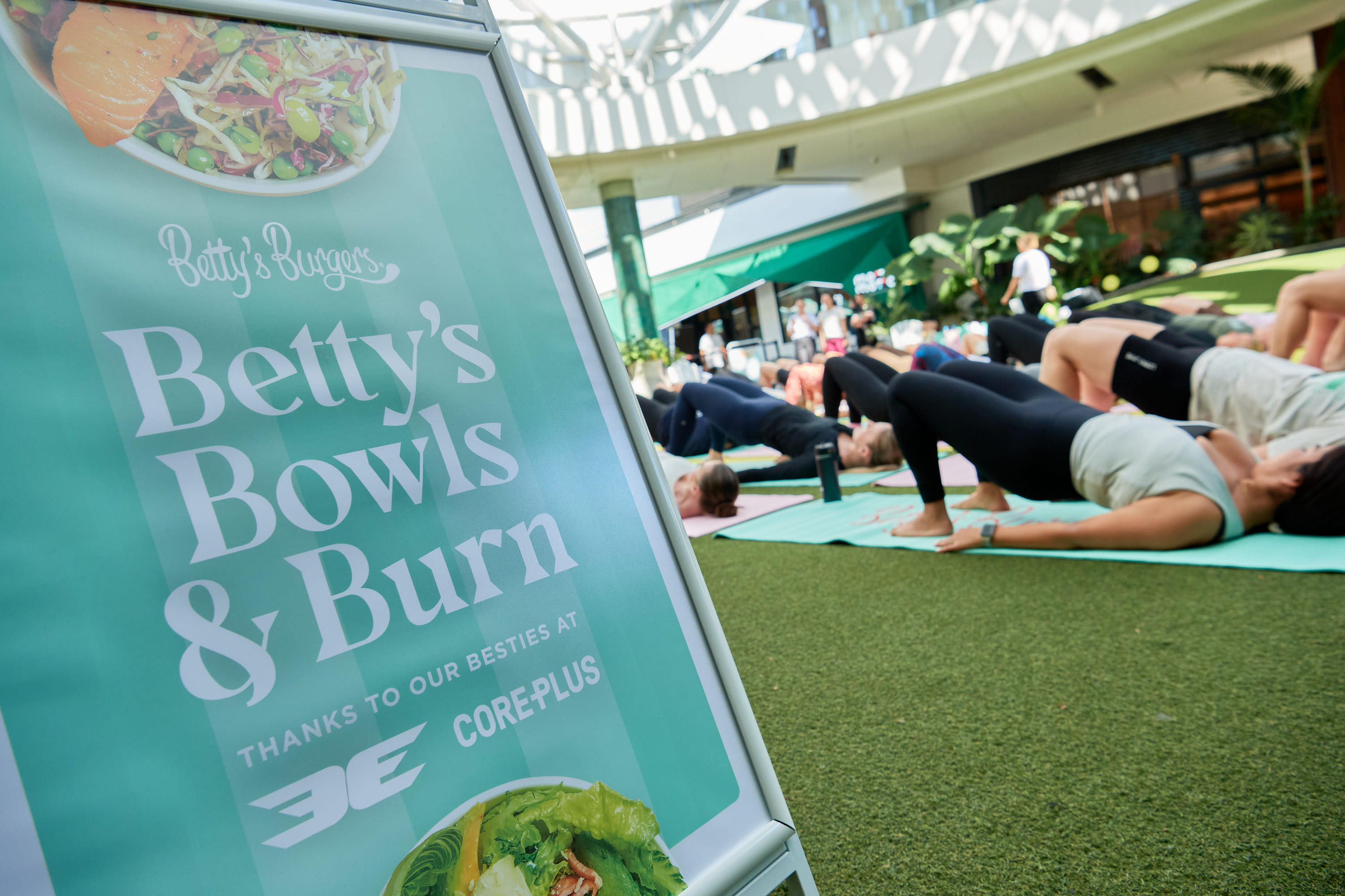 Betty’s Bowls and Burn sign at the Pilates session