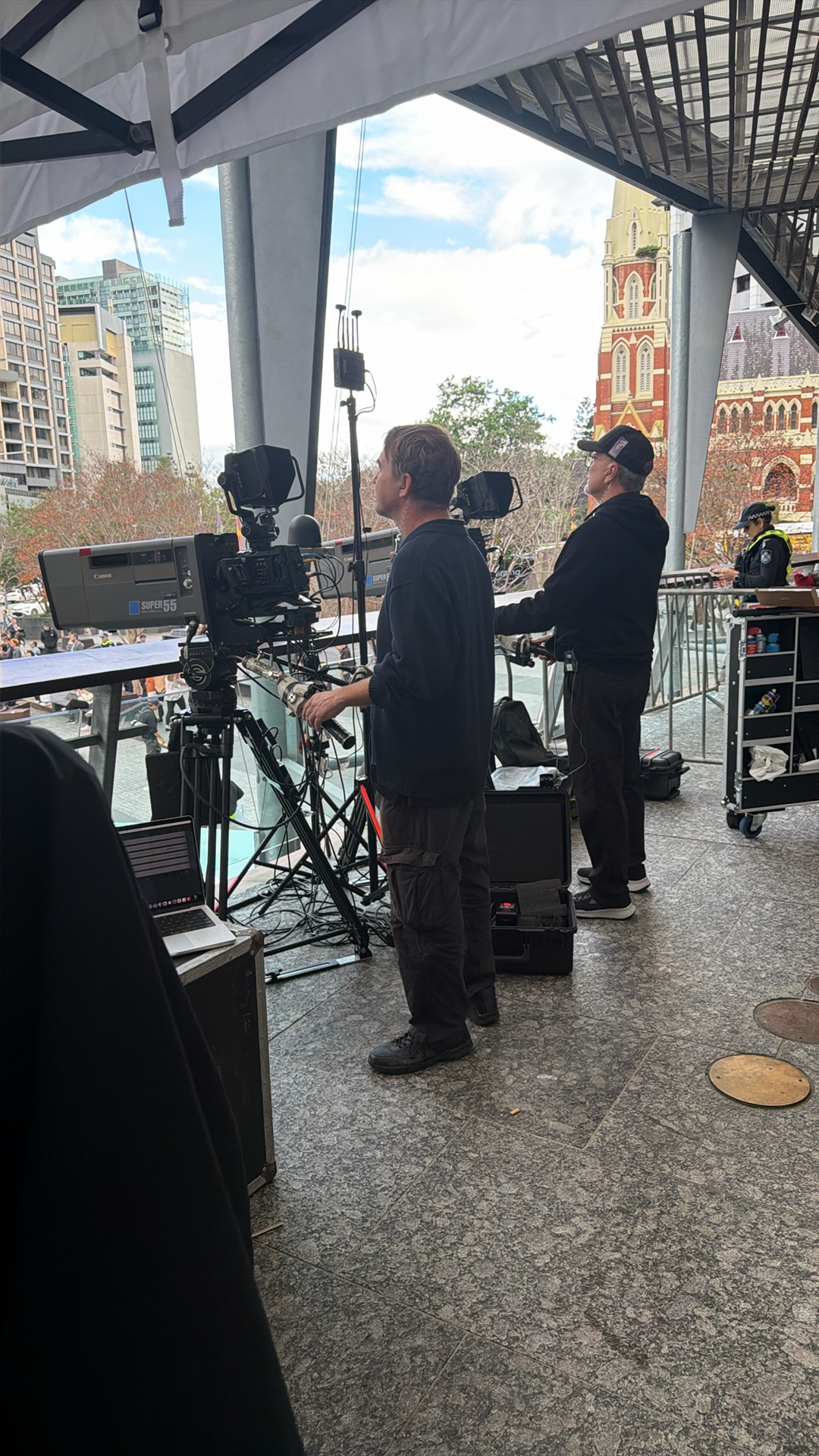 Inverse Imaging crew on cameras on a platform in King George Square
