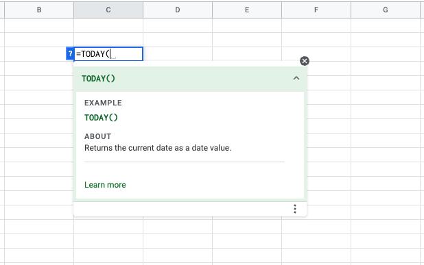 Syntax of Google Sheets TODAY formula