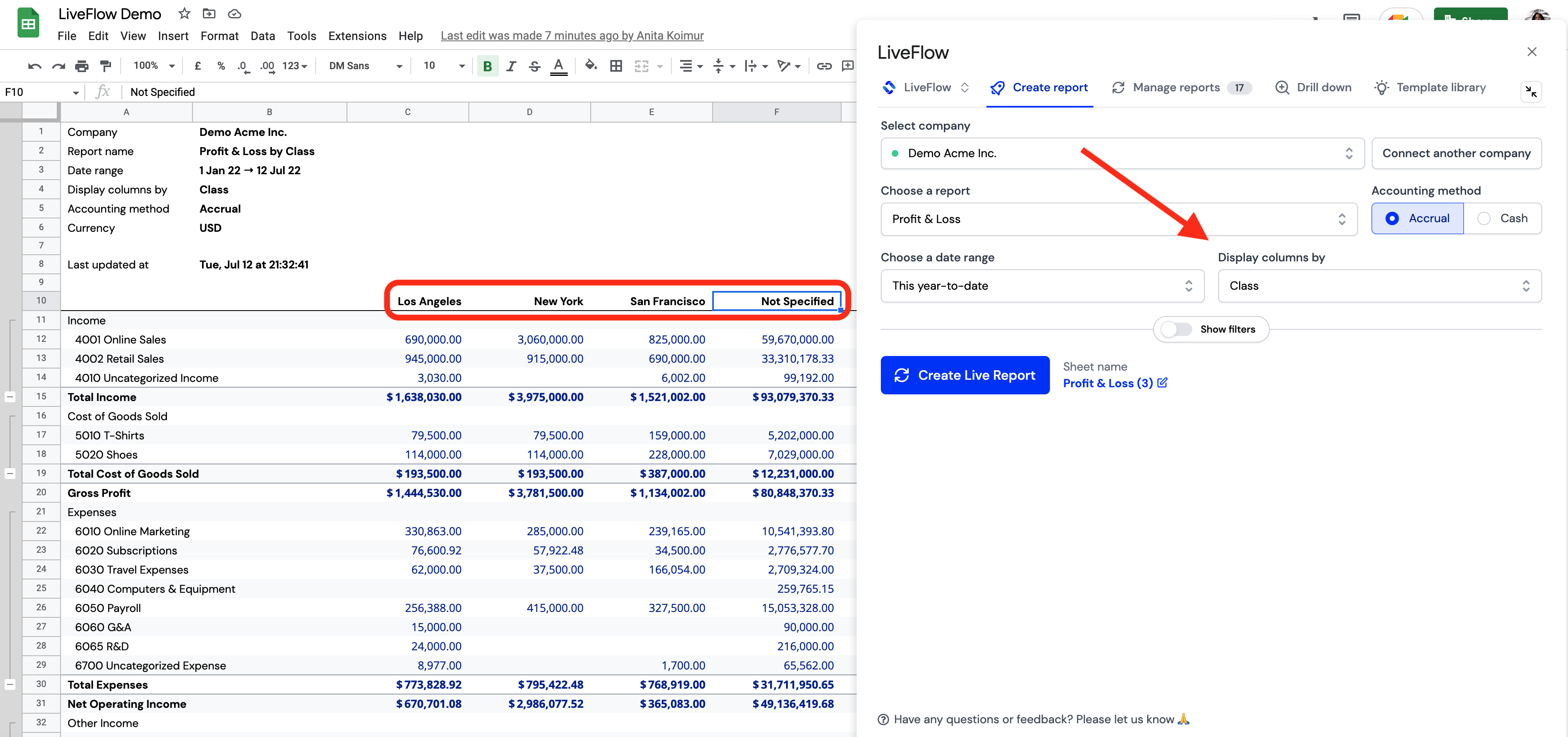 QuickBooks P&L report by Class made by LiveFlow