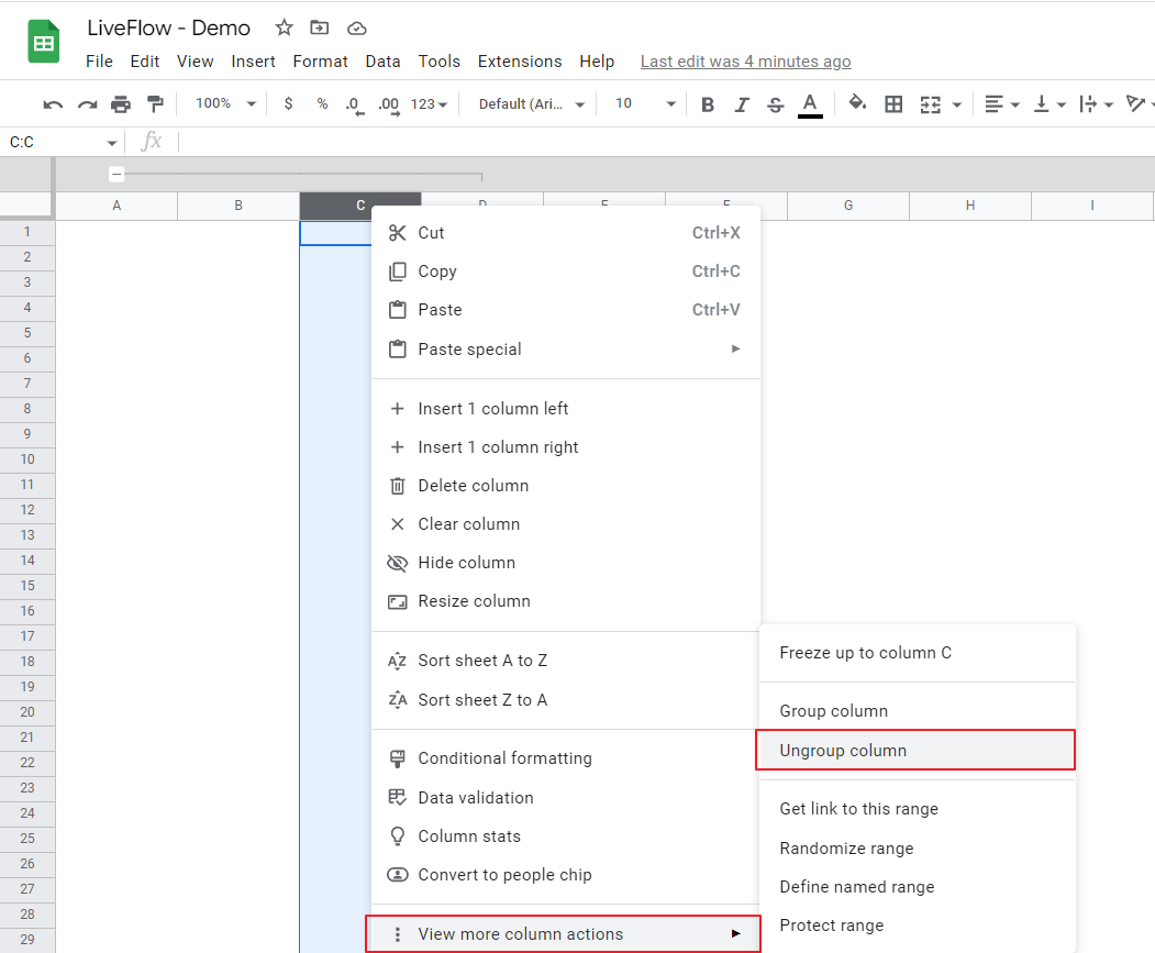ungroup columns in Google Sheets