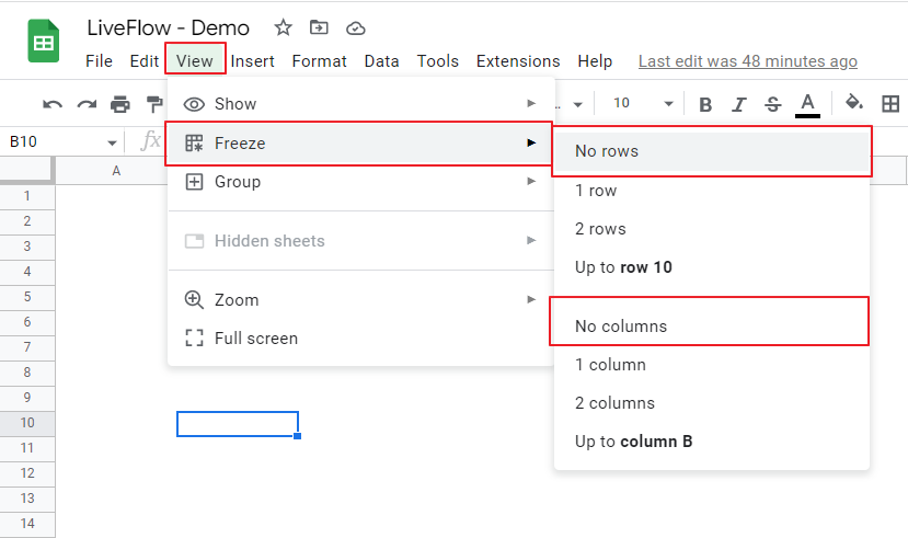 How to unfreeze rows and columns 